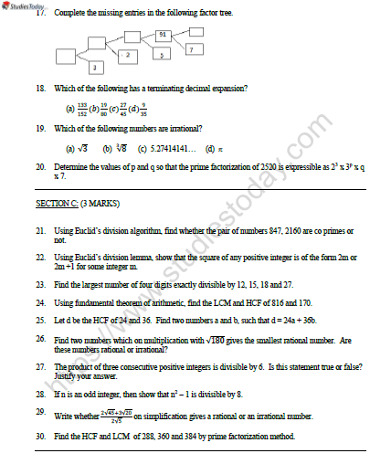 CBSE Class 10 Mathematics Real Numbers Worksheet Set A